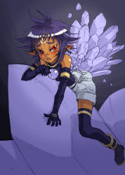 Rule 34 | 1girl, bare shoulders, blush, crystal, dark-skinned female, dark skin, elbow gloves, gloves, kenkou cross, lowres, open mouth, pointy ears, purple hair, red eyes, shorts, slit pupils, solo, tagme, thick eyebrows, thighhighs