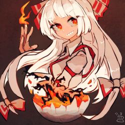 Rule 34 | 1girl, bow, collared shirt, dated, eggshell, fire, fire, from side, fujiwara no mokou, grin, hair bow, hand up, long hair, looking at viewer, looking to the side, maaru (akira428), one-hour drawing challenge, red eyes, shirt, signature, smile, solo, suspenders, teeth, touhou, upper body, v-shaped eyebrows, very long hair, white bow, white hair, white shirt