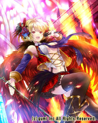 Rule 34 | 1girl, :d, black thighhighs, blonde hair, boots, breasts, company name, detached sleeves, feather hair ornament, feathered wings, feathers, frilled skirt, frills, garter straps, hair ornament, hanekoto, idol, microphone, microphone stand, navel, open clothes, open mouth, open vest, plaid, plaid skirt, plaid vest, plant, red eyes, skirt, smile, solo, thighhighs, underboob, vest, vines, wings