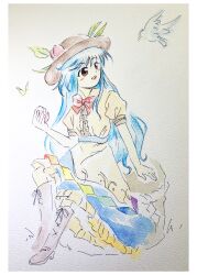 Rule 34 | 1girl, :d, absurdres, bird, blue hair, blue skirt, boots, border, bow, bowtie, brown footwear, brown hat, center frills, food, frilled skirt, frills, fruit, hat, highres, hinanawi tenshi, holding, holding food, holding fruit, keystone, long hair, medinki, official style, open mouth, peach, peach hat ornament, puffy short sleeves, puffy sleeves, rainbow order, red bow, red bowtie, red eyes, shirt, short sleeves, sitting, skirt, smile, solo, teeth, touhou, traditional media, upper teeth only, very long hair, white border, white shirt, zun (style)