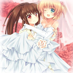 Rule 34 | 2girls, ;d, bare shoulders, blonde hair, blue eyes, blush, breasts, brown hair, carrying, cleavage, collarbone, dress, elbow gloves, flower, gloves, hair flower, hair ornament, kamikita komari, little busters!, long hair, looking at viewer, multiple girls, natsume rin, one eye closed, open mouth, princess carry, red eyes, red rose, rose, satou aoi, short hair, short twintails, side ponytail, smile, twintails, wedding dress, wife and wife, wink, yuri