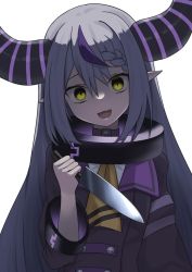 Rule 34 | 1girl, ascot, black collar, braid, collar, demon horns, fangs, grey hair, hair between eyes, highres, holding, holding knife, hololive, horns, jacket, knife, la+ darknesss, long hair, long sleeves, micon, multicolored hair, pointy ears, purple hair, simple background, solo, streaked hair, upper body, virtual youtuber, white background, yandere, yellow ascot