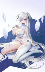 Rule 34 | 1girl, bodysuit, breasts, cinderella (nikke), cleavage, cleavage cutout, clothing cutout, different reflection, full body, goddess of victory: nikke, hair ornament, hair over one eye, hand on own chest, highres, huge breasts, kneeling, large breasts, long hair, looking at viewer, navel, red eyes, reflection, revealing clothes, see-through, solo, stomach, stomach cutout, thighs, twintails, very long hair, white bodysuit, white hair, yuen