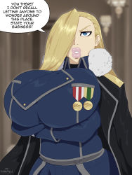 Rule 34 | 1girl, absurdres, blonde hair, blue eyes, blurry, blurry background, breast hold, breasts, coat, crossed arms, english text, female focus, fullmetal alchemist, fur collar, hair over one eye, highres, huge breasts, indoors, long hair, looking at viewer, medal, military, military uniform, olivier mira armstrong, parted lips, rampage (leedash2), solo, speech bubble, standing, thick lips, uniform, upper body