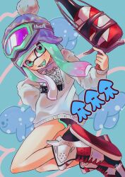 Rule 34 | 1girl, :d, absurdres, black shorts, blue eyes, blue hair, blue headwear, blue trim, blunt bangs, blush, bobblehat, commentary, dolphin shorts, fangs, foot out of frame, goggles, goggles on headwear, gradient hair, hand on own hip, highres, holding, holding weapon, inkling, inkling girl, inkling player character, long hair, long sleeves, multicolored footwear, multicolored hair, nintendo, open mouth, payayo884, pink hair, pom pom (clothes), shorts, signature, ski goggles, smile, solo, splatoon (series), squeezer (splatoon), sweater, symbol-only commentary, tentacle hair, twitter username, two-tone hair, weapon, white sweater