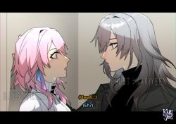Rule 34 | 2girls, black sweater, chromatic aberration, coat, commentary, english commentary, english text, eye contact, grey coat, grey hair, highres, honkai: star rail, honkai (series), kari yen, letterboxed, long hair, looking at another, march 7th (honkai: star rail), multiple girls, parted lips, pink hair, profile, shirt, stelle (honkai: star rail), subtitled, sweater, trailblazer (honkai: star rail), turtleneck, turtleneck sweater, upper body, white shirt, wolf cut, yuri