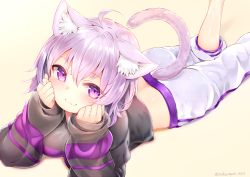 Rule 34 | 1girl, :3, ahoge, animal ear fluff, animal ears, black sweater, blush, breasts, cat ears, cat girl, cat tail, clothing cutout, commentary request, hololive, leg up, light purple hair, looking at viewer, lying, medium breasts, midriff, nekomata okayu, nekomata okayu (1st costume), on stomach, pants, purple eyes, short hair, simple background, smile, solo, sukemyon, sweater, tail, tail through clothes, twitter username, virtual youtuber, white pants, yellow background