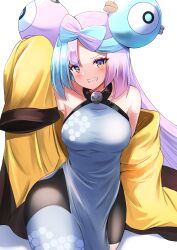 Rule 34 | 1girl, absurdres, adapted costume, arm up, bare shoulders, black pantyhose, blue hair, blush, bow-shaped hair, breasts, collarbone, commentary request, creatures (company), dress, game freak, grey dress, grey thighhighs, grin, highres, iono (pokemon), jacket, long hair, long sleeves, looking at viewer, medium breasts, multicolored hair, nintendo, pantyhose, pelvic curtain, pink hair, pokemon, pokemon sv, purple eyes, sharp teeth, shibakame, simple background, sleeveless, sleeveless dress, sleeves past fingers, sleeves past wrists, smile, solo, teeth, thighhighs, thighhighs over pantyhose, two-tone hair, very long hair, white background, yellow jacket