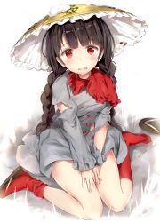 Rule 34 | 1girl, ajirogasa, black hair, blunt bangs, blush, braid, breasts, buttons, commentary request, dress, ears, flip-flops, full body, grey dress, hat, izuru, japanese clothes, long hair, long sleeves, looking at viewer, open mouth, red eyes, red socks, sandals, sitting, small breasts, snow, socks, solo, tareme, thighs, torn clothes, torn dress, touhou, twin braids, wavy mouth, white background, yatadera narumi