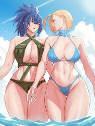 Rule 34 | 2girls, abs, anagumasan, bikini, bird, blonde hair, blue eyes, blue hair, breasts, cammy white, cloud, cloudy sky, cross-laced clothes, earrings, highres, jewelry, large breasts, legs, leona heidern, multiple girls, muscular, muscular female, navel, o-ring, o-ring bottom, o-ring panties, ocean, panties, ponytail, scar, scar on face, short hair, sky, street fighter, suspenders, sweatdrop, swimsuit, the king of fighters, thighhighs, underwear, water
