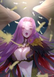 Rule 34 | 1girl, absurdres, breasts, cleavage, commentary request, fate/grand order, fate (series), feathers, forehead, gorgon (fate), highres, looking ahead, medusa (fate), medusa (rider) (fate), mumei (meiime ), navel, open mouth, pink eyes, pink hair, rider, scales, snake, solo, square pupils, teeth, twitter username, upper body, upper teeth only, wings