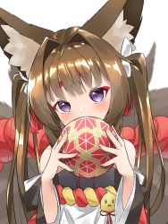 Rule 34 | 1girl, amagi-chan (azur lane), animal ears, azur lane, ball, blunt bangs, blurry, brown hair, commentary, covering own mouth, depth of field, eyeshadow, fox ears, fox girl, fox tail, hair ribbon, head tilt, highres, holding, holding ball, japanese clothes, kimono, kitsune, kyuubi, long hair, looking at viewer, makeup, manjuu (azur lane), marimo daifuku, multiple tails, off shoulder, purple eyes, ribbon, rope, shimenawa, sidelocks, simple background, solo, tail, thick eyebrows, twintails, white background, wide sleeves
