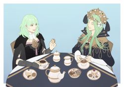 Rule 34 | 2girls, absurdres, byleth (female) (fire emblem), byleth (fire emblem), cake, closed eyes, cookie, cup, fire emblem, fire emblem: three houses, food, green hair, highres, long hair, medium hair, multiple girls, nintendo, pastry, rhea (fire emblem), smile, spoon, table, teacup, teapot