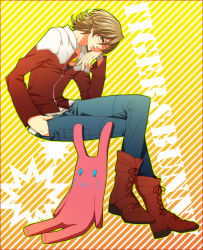 Rule 34 | 10s, 1boy, bad id, bad pixiv id, barnaby brooks jr., blue eyes, boots, full body, glasses, gradient background, jacket, jewelry, male focus, mikaviva, necklace, red jacket, sitting, solo, stuffed animal, stuffed rabbit, stuffed toy, tiger &amp; bunny