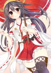 Rule 34 | 10s, 1girl, ashino, bare shoulders, black hair, black thighhighs, blush, brown eyes, detached sleeves, frilled skirt, frills, hair ornament, hairband, hairclip, haruna (kancolle), headgear, japanese clothes, kantai collection, lace, lace-trimmed legwear, lace trim, long hair, looking at viewer, nontraditional miko, oil-paper umbrella, parted lips, pleated skirt, red skirt, ribbon-trimmed sleeves, ribbon trim, skirt, smile, solo, thighhighs, umbrella, zettai ryouiki