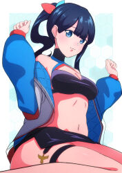 Rule 34 | 1girl, absurdres, arms up, bare shoulders, black gloves, black hair, blue eyes, blue hair, blue jacket, breasts, cleavage cutout, closed mouth, clothing cutout, colored shadow, criss-cross halter, drop shadow, frown, gloves, gridman universe, hair behind ear, hair ornament, halterneck, hand in pocket, highres, holding, jacket, kamitsune28rita, leg tattoo, logo, long hair, long sleeves, looking at viewer, medium breasts, microskirt, midriff, multicolored clothes, multicolored jacket, navel, official alternate costume, phone, pink socks, ponytail, shadow, shiny skin, sidelocks, sitting, skindentation, skirt, socks, ssss.gridman, standing, stomach, takarada rikka, takarada rikka (solarain toys), tattoo, thick thighs, thigh strap, thighs, wariza, white background