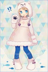 Rule 34 | !?, 1girl, animal hands, ayu (mog), bad id, bad pixiv id, bear hat, blonde hair, blue eyes, blue pantyhose, blush, boots, bow, bowtie, earflap hat, fang, fish, full body, gloves, hair ornament, hairclip, hat, heart, looking at viewer, open mouth, original, pantyhose, patterned legwear, paw gloves, solo, standing, tree