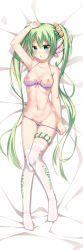 Rule 34 | 1girl, arm at side, arm up, bare arms, bare shoulders, bra, breasts, bug, butterfly, chestnut mouth, collarbone, dakimakura (medium), flower, green eyes, green hair, groin, hair between eyes, hair flower, hair ornament, hatsune miku, insect, long hair, lying, medium breasts, navel, nipples, no shoes, on back, panties, panty pull, parted lips, pulled by self, purple bra, purple panties, solo, thigh strap, thighhighs, twintails, underwear, underwear only, very long hair, vocaloid, white thighhighs, xia xiang (ozicha)