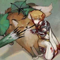 Rule 34 | 1boy, armor, blonde hair, blood, blood in hair, bloody tears, cape, drifting fox, fox, gauntlets, highres, limbus company, looking at viewer, on one knee, pants, parted lips, pauldrons, project moon, shan23852196, shirt, shoulder armor, sinclair (project moon), solo, umbrella, white cape, white pants, white shirt, yellow eyes