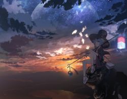 Rule 34 | 1girl, blue hair, closed mouth, cloud, cloudy sky, crusaders quest, flower, full moon, hair flower, hair ornament, hat, highres, holding, korin (crusaders quest), lantern, long sleeves, moon, no socks, outdoors, sandals, short hair, sitting, sky, smile, solo, star (sky), starry moon, starry sky, sunset, top hat, traditional clothes, whitebear