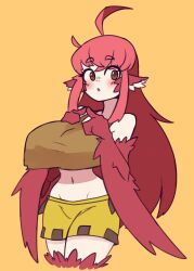 Rule 34 | 1girl, absurdres, ahoge, animal ears, bare shoulders, bird ears, bird legs, blush, borrowed character, breasts, brown eyes, brown tank top, coco (eogks), crop top, crop top overhang, doce, feathers, harpy, highres, index fingers together, large breasts, long hair, looking at viewer, midriff, monster girl, navel, open mouth, original, red feathers, red hair, red wings, sidelocks, simple background, skirt, solo, tank top, winged arms, wings, yellow background, yellow skirt