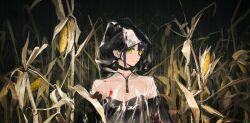 Rule 34 | 1girl, absurdres, black choker, black gloves, black hair, blood, blood on clothes, breasts, choker, cleavage, closed mouth, collarbone, corn, earrings, gloves, green eyes, highres, hood, hood up, jewelry, looking at viewer, original, outdoors, rain, see-through, short hair, small breasts, smile, solo, strapless, transparent raincoat, upper body, xilmo