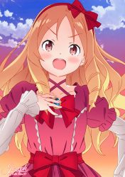 Rule 34 | 1girl, absurdres, artist name, blonde hair, blush, bow, brooch, brown eyes, cloud, commentary, dress, drill hair, drill sidelocks, eromanga sensei, frilled dress, frills, hair bow, hairband, hand on own chest, hand up, highres, jewelry, joseph cereceda, juliet sleeves, long hair, long sleeves, looking at viewer, open mouth, pink dress, puffy sleeves, red bow, red hairband, round teeth, sidelocks, smile, solo, teeth, twitter username, upper body, upper teeth only, v-shaped eyebrows, yamada elf