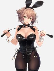 Rule 34 | 1girl, animal ears, black leotard, black pantyhose, blush, breasts, brown hair, cleavage, commentary, cowboy shot, detached collar, fake animal ears, green eyes, hair between eyes, highres, holding, holding riding crop, holding whip, kantai collection, kasumi (skchkko), large breasts, leotard, mutsu (kancolle), open mouth, pantyhose, playboy bunny, rabbit ears, riding crop, shiny clothes, short hair, smile, solo, whip, wrist cuffs