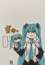 Rule 34 | ..., 1girl, puff of air, aimaina, aqua eyes, aqua hair, aqua necktie, aragai0157, bare shoulders, black skirt, black sleeves, blue dress, blush stickers, breath, detached sleeves, doll, dress, frown, hair ornament, hand on own hip, hatsune miku, highres, holding, holding doll, holding stuffed toy, long hair, looking up, necktie, red eyes, shirt, signature, skirt, sleeveless, sleeveless shirt, slit pupils, solo focus, spoken ellipsis, squeezing, stuffed toy, traditional media, trembling, twintails, upturned eyes, v-shaped eyebrows, very long hair, vocaloid, white shirt