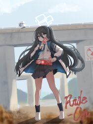 Rule 34 | 1girl, absurdly long hair, absurdres, aris (blue archive), black hair, black skirt, blue archive, blue eyes, blue necktie, blush, closed mouth, collared shirt, day, drone, eggrice v, full body, halo, highres, holding, jacket, kamen rider, long hair, necktie, one side up, open clothes, open jacket, outdoors, parody, pleated skirt, shirt, shoes, skirt, solo, standing, two-sided fabric, two-sided jacket, very long hair, white footwear, white jacket, white shirt