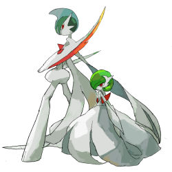 Rule 34 | 1boy, 1girl, apios, bad id, bad pixiv id, bare shoulders, blue hair, bob cut, closed mouth, colored skin, creatures (company), dress, elbow gloves, flat chest, from behind, gallade, game freak, gardevoir, gen 3 pokemon, gen 4 pokemon, gloves, green hair, hair over one eye, looking at another, looking back, looking down, mega gallade, mega gardevoir, mega pokemon, mohawk, multicolored hair, nintendo, own hands together, pokemon, pokemon (creature), short hair, simple background, sitting, spread legs, standing, strapless, strapless dress, two-tone hair, v arms, white background, white dress, white gloves, white skin, white theme