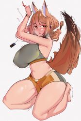 Rule 34 | 1girl, absurdres, alternate costume, animal ear fluff, animal ears, arknights, bare legs, bracelet, breasts, brown eyes, brown hair, digital media player, earbuds, earphones, gym shorts, halterneck, highres, jewelry, large breasts, long hair, looking at viewer, motion lines, navel, naxius noxy, open mouth, ponytail, ratatos browntail (arknights), seiza, shorts, sidelocks, sitting, solo, sports bra, squirrel ears, squirrel girl, squirrel tail, tail, thick eyebrows, white background, workout clothes