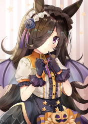 Rule 34 | 1girl, absurdres, animal ears, black flower, black gloves, black hair, black rose, black skirt, blush, center frills, closed mouth, commentary request, demon wings, finger to mouth, flower, frills, gloves, hair flower, hair ornament, hair over one eye, hands up, highres, horse ears, lace, lace-trimmed gloves, lace trim, long hair, motoi ayumu, official alternate costume, puffy short sleeves, puffy sleeves, purple eyes, purple wings, rice shower (make up vampire!) (umamusume), rice shower (umamusume), rose, shirt, short sleeves, skirt, solo, star (symbol), striped, striped background, umamusume, vertical stripes, very long hair, white shirt, wings