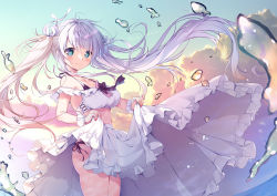 Rule 34 | 1girl, bare shoulders, black panties, blue eyes, blue sky, blush, bow, breasts, closed mouth, cloud, collarbone, commentary request, frilled skirt, frills, grey hair, highres, horizon, long hair, looking at viewer, medium breasts, mikeou, ocean, original, outdoors, panties, purple bow, side-tie panties, skirt, skirt hold, sky, smile, solo, sunset, twintails, twitter username, underwear, very long hair, water, water drop, white skirt