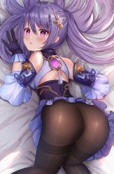 Rule 34 | 1girl, ame sagari, ass, bare shoulders, bed sheet, black gloves, braid, breasts, brown pantyhose, commentary request, detached sleeves, dress, fine fabric emphasis, genshin impact, gloves, hair ornament, highres, keqing (genshin impact), long hair, looking at viewer, looking back, lying, medium breasts, on stomach, pantyhose, parted lips, pink eyes, purple dress, purple hair, short dress, solo, thighband pantyhose, twintails, vision (genshin impact)