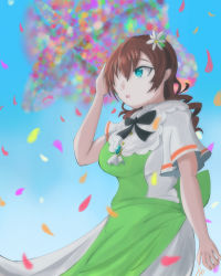 Rule 34 | 1girl, apron, aqua eyes, artist name, artist request, back bow, black bow, black bowtie, blue eyes, blue sky, blush, bow, bowtie, braid, breasts, brooch, brown hair, buttons, cloud, collared dress, day, dress, drill hair, emma verde, female focus, flower, freckles, frilled dress, frills, green apron, green bow, hair between eyes, hair flower, hair ornament, hand on head, highres, jewelry, la bella patria, long hair, looking at viewer, love live!, love live! nijigasaki high school idol club, love live! school idol festival, low twintails, medium breasts, one eye closed, outdoors, parted lips, petals, plaid, plaid dress, red hair, ryo (suwaryo1009), sash, short hair, short sleeves, skirt, sky, smile, solo, suwaryo, tareme, twin braids, twin drills, twintails, two-tone dress, white dress, white flower, white skirt, wide sleeves