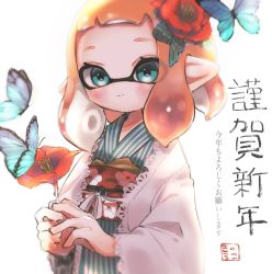 Rule 34 | 1girl, artist name, blue kimono, blunt bangs, blurry, bob cut, bug, butterfly, closed mouth, commentary, floral print, flower, green eyes, hair flower, hair ornament, happy new year, hatsumoude, hibiscus, highres, holding, holding flower, inkling, inkling girl, inkling player character, insect, japanese clothes, kimono, kotoyoro, kyururi, looking at viewer, mask, medium hair, nengajou, new year, nintendo, obi, orange hair, pointy ears, red flower, sash, shawl, signature, smile, solo, standing, striped clothes, striped kimono, symbol-only commentary, tentacle hair, translated, vertical-striped clothes, vertical-striped kimono, white background, white shawl
