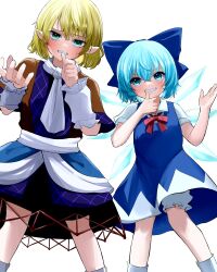Rule 34 | 2girls, absurdres, arm warmers, blonde hair, bloomers, blue bow, blue dress, blue eyes, blue hair, bow, bowtie, cirno, commentary, dress, finger to mouth, green eyes, hair bow, highres, looking at viewer, mikan (manmarumikan), mizuhashi parsee, multicolored clothes, multiple girls, pointy ears, red bow, red bowtie, scarf, short hair, short sleeves, simple background, teeth, touhou, underwear, white background, white scarf
