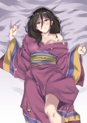 Rule 34 | 10s, 1girl, bare shoulders, blue eyes, blush, brown hair, collarbone, glasses, hibike! euphonium, highres, japanese clothes, long hair, looking at viewer, lying, obi, on back, sash, solo, tanaka asuka, traditional clothes, wide sleeves, yoshiki360