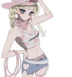 Rule 34 | 1girl, absurdres, animal print, aqua eyes, arm up, bamme o3o, bare shoulders, belt, blonde hair, blush, braid, breasts, cleavage, closed mouth, clothing cutout, collarbone, cow girl, cow print, cowboy hat, cropped, eyelashes, hand on headwear, hand on own hip, hat, heart cutout, highres, lasso, long eyelashes, long hair, looking at viewer, mole, mole under eye, navel, original, pink belt, pink hat, simple background, solo, thigh strap, white background
