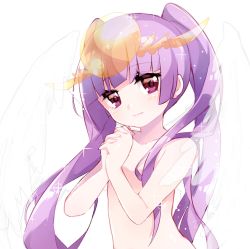 Rule 34 | 1girl, blunt bangs, blush, closed mouth, collarbone, commentary request, feathered wings, head tilt, headpiece, long hair, looking at viewer, nude, own hands clasped, own hands together, pikomarie, purple eyes, puzzle &amp; dragons, red eyes, solo, sparkle, twintails, upper body, very long hair, white background, white wings, wings, yomi (p&amp;d)