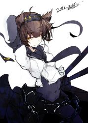 Rule 34 | 10s, 1girl, abs, ahoge, arms behind head, arms up, black gloves, black necktie, black pantyhose, black skirt, bodysuit, breasts, brown hair, chain, clothes writing, covered navel, dated, elbow gloves, gloves, hachimaki, hair flaps, hairband, hatsuzuki (kancolle), headband, kantai collection, looking at viewer, machinery, miniskirt, necktie, pantyhose, pleated skirt, school uniform, senoo arika, serafuku, short hair, short sleeves, signature, simple background, skirt, small breasts, solo, white background, yellow eyes