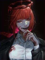 Rule 34 | 1girl, absurdres, black coat, blood, blood halo, blood on clothes, blood on face, braid, chainsaw man, coat, dark background, halo, hand on own chin, hand on own face, highres, liquid halo, long sleeves, looking at viewer, makima (chainsaw man), nthndn, open mouth, orange eyes, red hair, ringed eyes, shirt, sidelocks, sinister, solo, white shirt