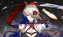 Rule 34 | 1girl, absurdres, acheron (honkai: star rail), bare shoulders, black choker, black gloves, blood, bloody tears, breasts, bright pupils, choker, cleavage, colored extremities, commentary request, criss-cross halter, detached sleeves, drawing sword, flower, gloves, glowing, glowing sword, glowing weapon, gradient hair, hair intakes, hair over one eye, half-closed eyes, halterneck, highres, holding, holding sword, holding weapon, honkai: star rail, honkai (series), katana, large breasts, looking down, multicolored hair, official alternate color, portrait, purple hair, rain, red eyes, red flower, red petals, rywy2524, scabbard, sheath, single glove, single wide sleeve, solo, sword, unsheathing, water drop, weapon, white hair, white pupils