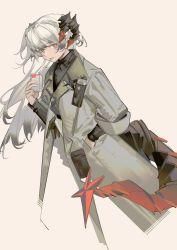 Rule 34 | 1girl, absurdres, arknights, cigarette pack, coat, commentary request, female focus, grey background, grey coat, grey hair, hand up, highres, holding, horns, long hair, long sleeves, looking at viewer, mouth hold, orange eyes, pouch, rin lingsong, saria (arknights), simple background, solo, tail, teeth hold, very long hair