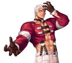 Rule 34 | 1boy, abs, arm up, black choker, brown gloves, choker, collarbone, commentary request, cowboy shot, cropped jacket, earrings, evilgun, gloves, heart, heart choker, highres, jacket, jewelry, long sleeves, looking at viewer, male focus, muscular, muscular male, nanakase yashiro, navel, open mouth, orochi yashiro, pants, pectorals, red jacket, short hair, simple background, smile, smirk, solo, standing, suspenders, teeth, the king of fighters, the king of fighters &#039;97, upper teeth only, white background, white hair, white pants