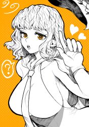 Rule 34 | 1girl, ?, absurdres, breasts, commentary, dress, eyelashes, gloves, greyscale with colored background, hat, unworn hat, unworn headwear, heart, highres, large breasts, looking at viewer, necktie, one piece, open mouth, orange background, orange eyes, polka dot, polka dot background, short hair, sideboob, simple background, sleeveless, sleeveless dress, solo, spoken question mark, spot color, stussy (one piece), upper body, wavy hair, yotsumi shiro