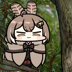 Rule 34 | 1girl, :3, ahoge, blurry, blurry background, blush stickers, brown eyes, brown hair, capelet, chibi, commentary, feather hair ornament, feathers, hair ornament, hairclip, hololive, hololive english, in tree, jazz jack, looking at viewer, lowres, nanashi mumei, photo-referenced, ponytail, solo, squinting, tree, virtual youtuber
