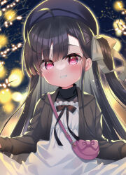 Rule 34 | 1girl, ahoge, bag, beret, black bow, black hair, black hat, black jacket, black shirt, blush, bow, branch, commentary request, cropped jacket, dress, grey bow, grin, hair bow, handbag, hat, jacket, long hair, looking at viewer, meito (maze), one side up, open clothes, open jacket, original, pink eyes, shirt, shoulder bag, skirt hold, smile, solo, very long hair, white dress