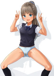Rule 34 | 1girl, black socks, black vest, blue bow, blue bowtie, blue eyes, blue panties, blue scrunchie, blunt bangs, blush, bow, bow legged, bow panties, bowtie, breasts, brown hair, collared shirt, different shadow, double v, drop shadow, artistic error, female focus, hair ornament, hair scrunchie, hands up, happy, highres, kapurikon, kneehighs, long hair, looking at viewer, open mouth, original, panties, ponytail, school uniform, scrunchie, shirt, short sleeves, sidelocks, simple background, small breasts, smile, socks, solo, spread legs, stained panties, standing, sweater vest, underwear, v, vest, white background, white shirt